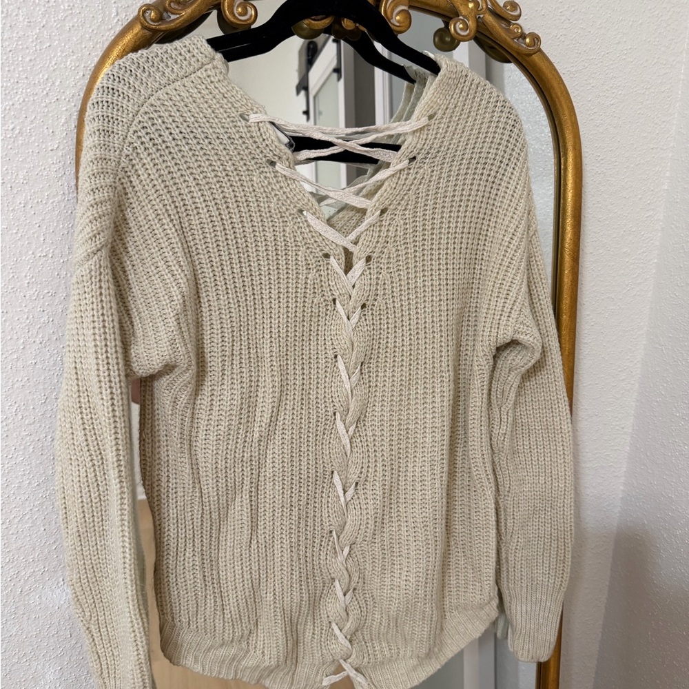 American Rag Cream V-Neck Lace-Up Sweater